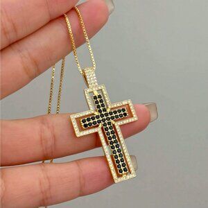14K Gold Mens 2ct Black Onyx 1ct Diamond Cross Pendant Necklace Christian Chain